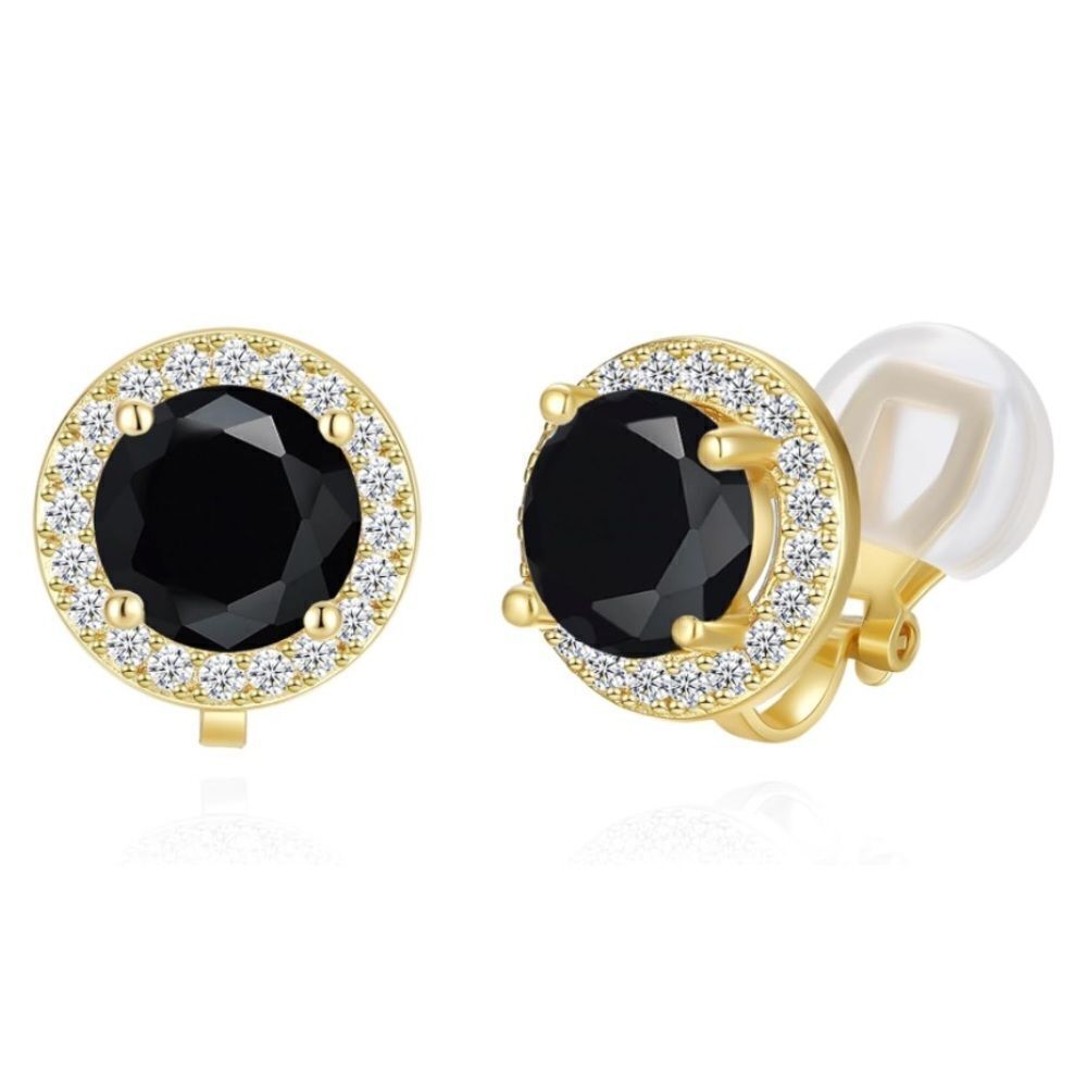 Yellow Gold with Black Onyx and Diamond AAA Cubic Zirconia Stud Clip On Earrings